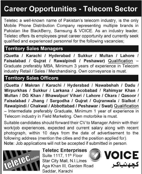Teletec Enterprises Required Territory Sales Managers and Territory Sales Officers