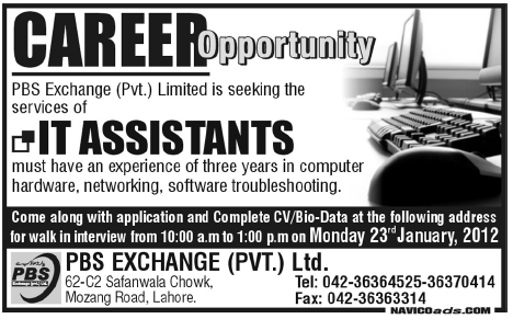 PBS Exchange Pvt Ltd Required IT Assistants