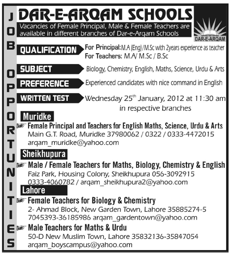 DAR-E-ARQAM Schools Jobs Opportunity