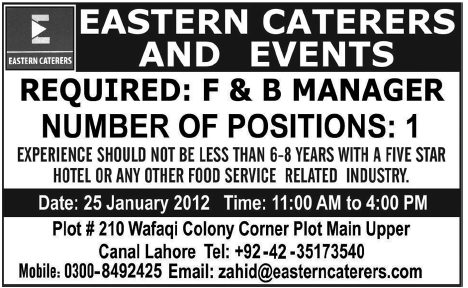 Eastern Caterers and Events Lahore Required F&B Manager