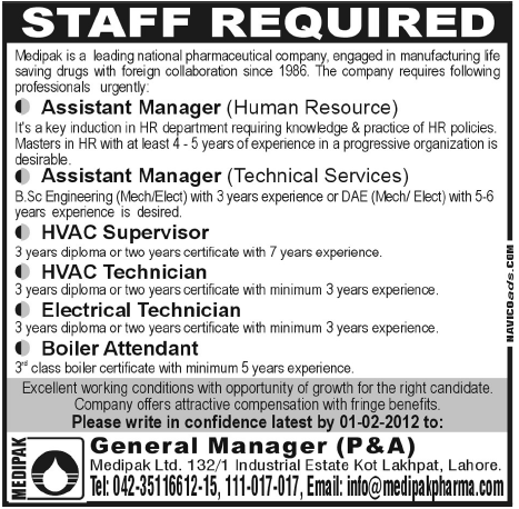 Medipak Pharmaceutical Company Required Staff