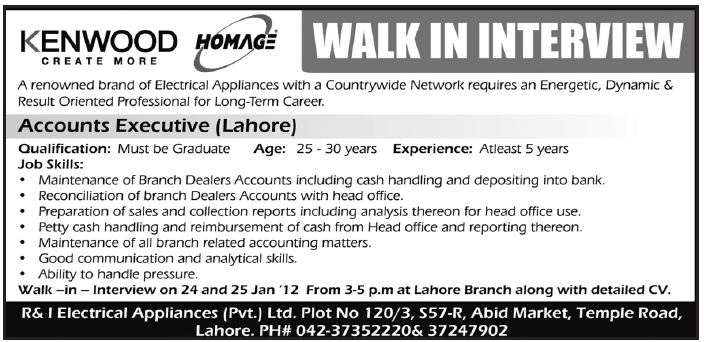KENWOOD Homage Required Accounts Executive for Lahore
