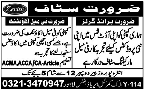 Zenith Lahore Required Staff