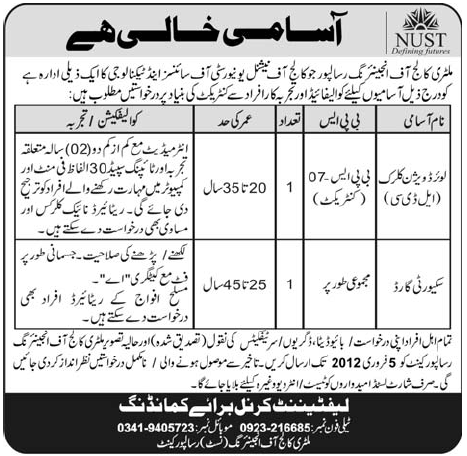 NUST Required Lower Division Clerk and Security Guard
