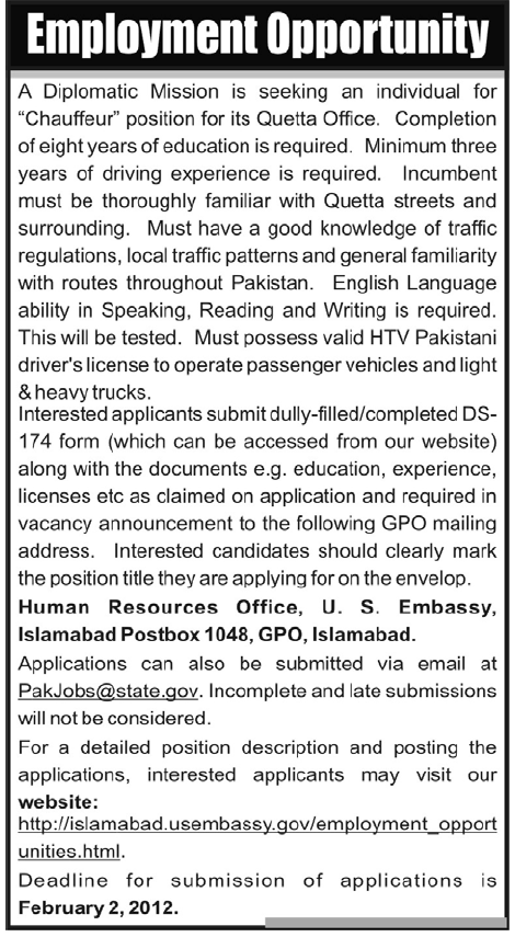 Chauffeur Required by US Embassy
