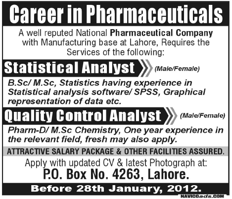 Statistical Analyst and Quality Control Analyst Required by Pharmaceutical Company in Lahore