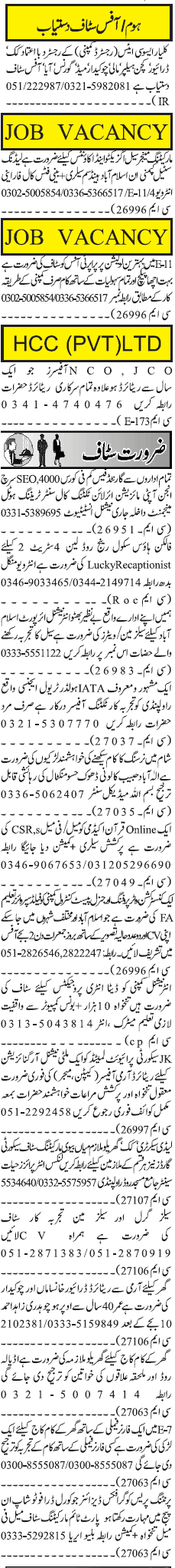 Misc. Jobs in Rawalpindi Jang Classified