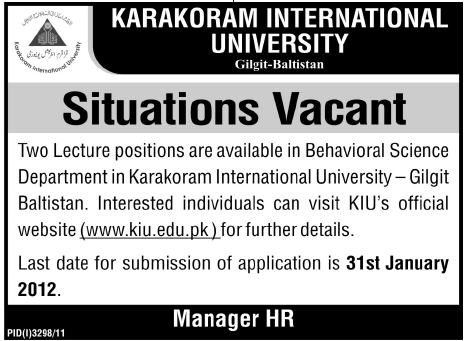 Karakoram International University, Gilgit-Baltistan Required Lecturers