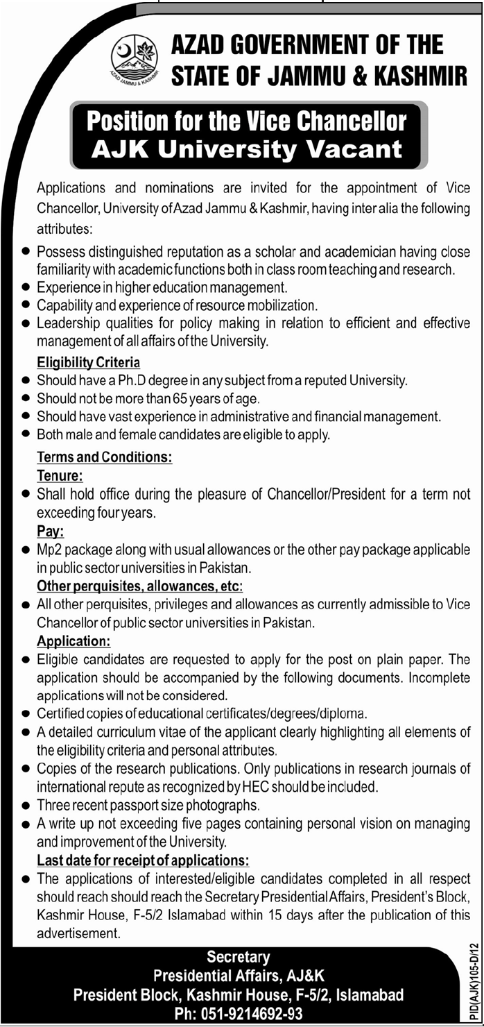 AJK University Required the Services of Vice Chancellor