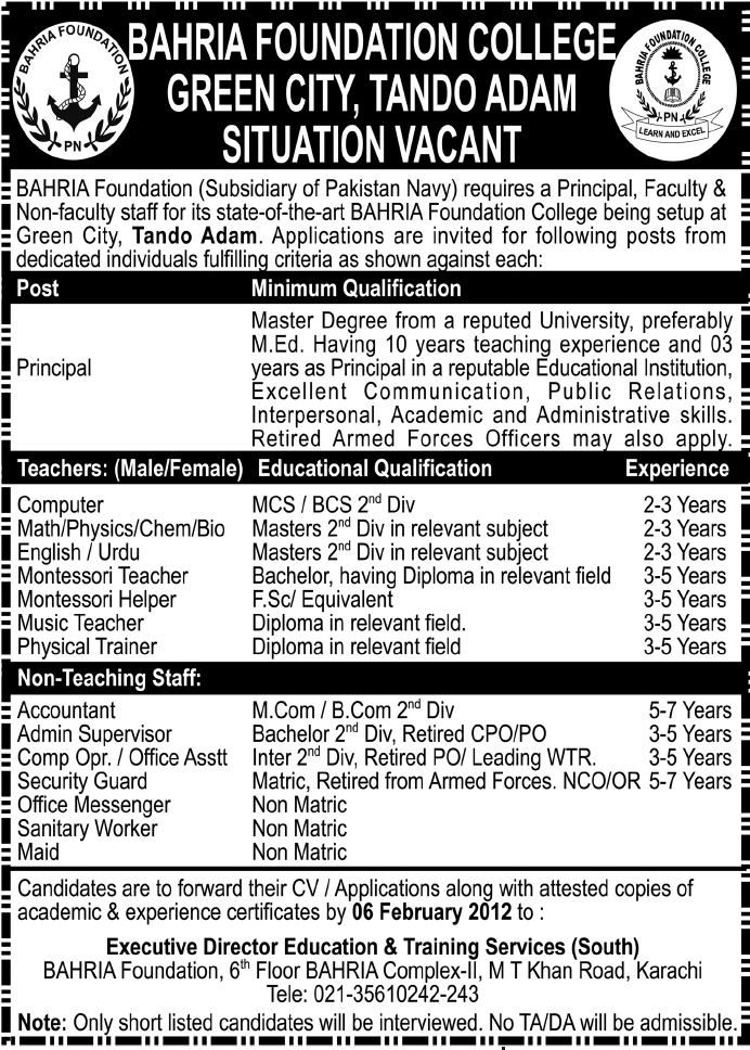 Bahria Foundation College Green City, Tando Adam Jobs Opportunity