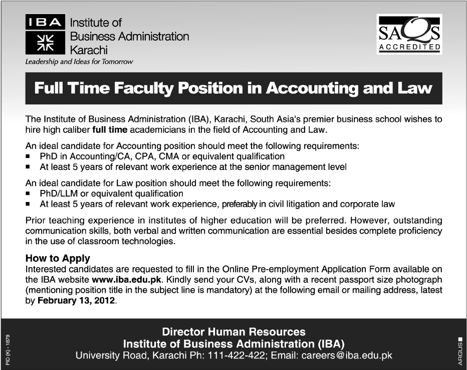 IBA Karachi Required Accounting and Law Faculty