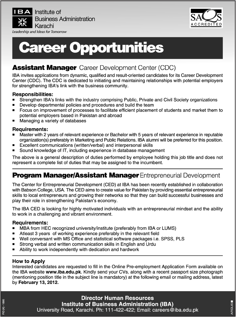 IBA Karachi Required Assistant Manager and Program Manager