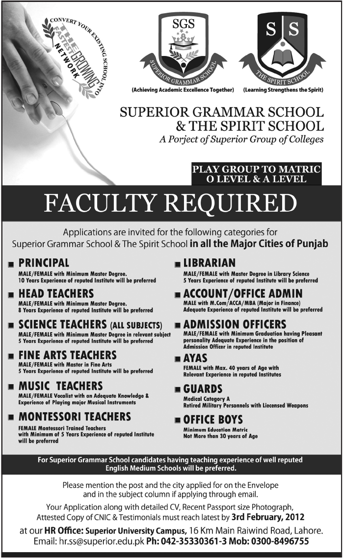 Superior Grammar School & The Spirit School Required Faculty