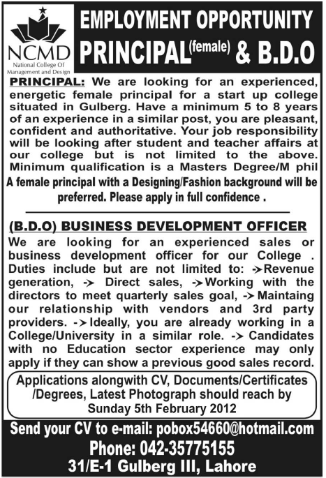 National College of Management and Design Required the Services of Principal & B.D.O