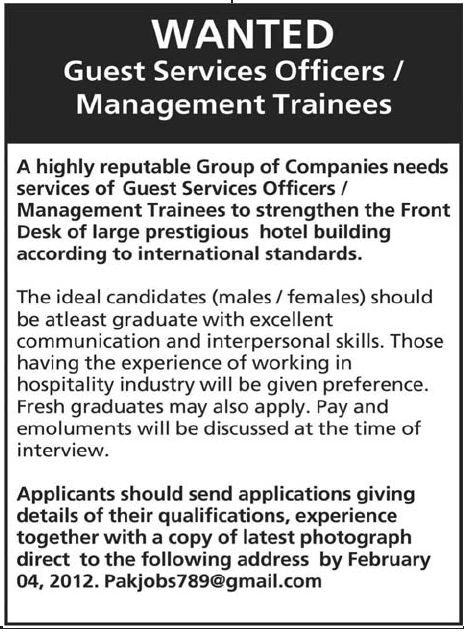 Guest Services Officers/Management Trainees Required by a Group on Companies