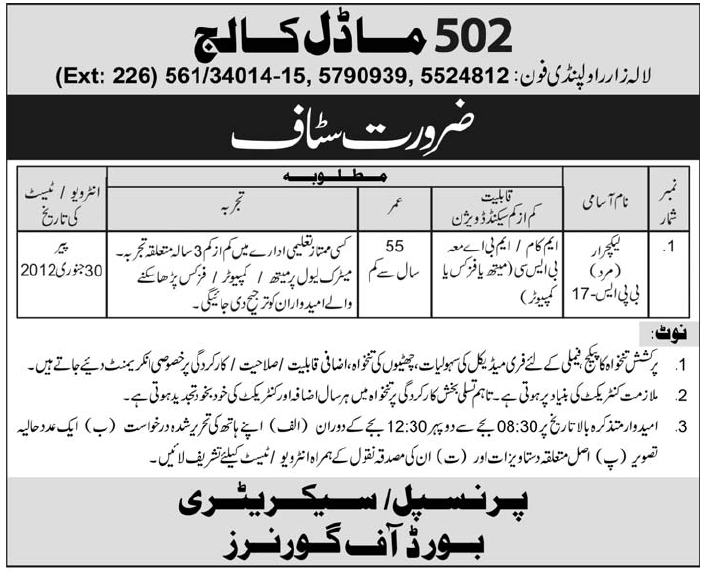 502 Model College Rawalpindi Required Lecturer