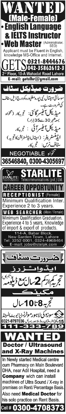 Misc. Jobs in Lahore Jang Classified 5