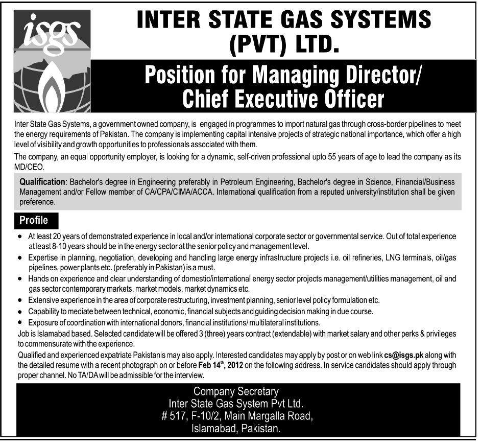 Inter State Gas Systems Pvt Ltd. Required the Services of Managing Director/Chief Executive Officer