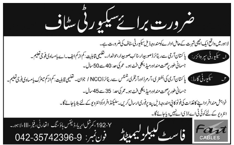Security Supervisor and Security Guard Required in Lahore