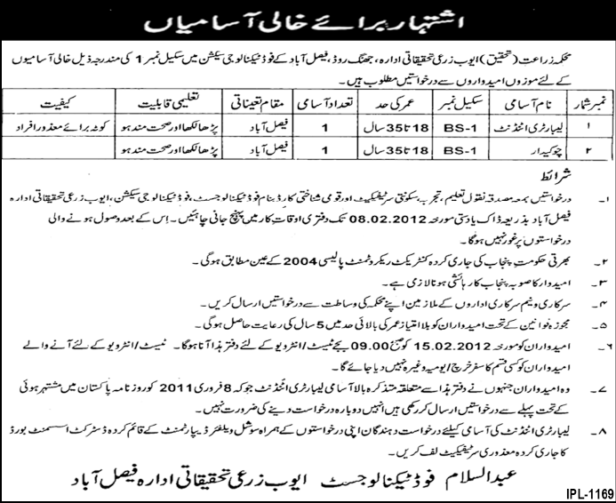 Ayoub Agriculture Research Center Faisalabad Required Staff