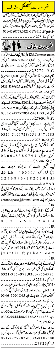 Misc. Jobs in Rawalpindi Jang Classified