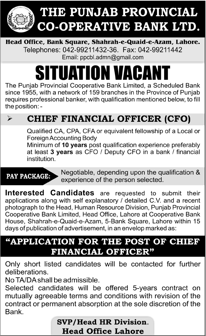 The Punjab Provincial Co-Operative Bank Ltd. Required the Services of Chief Financial Officer (CFO)