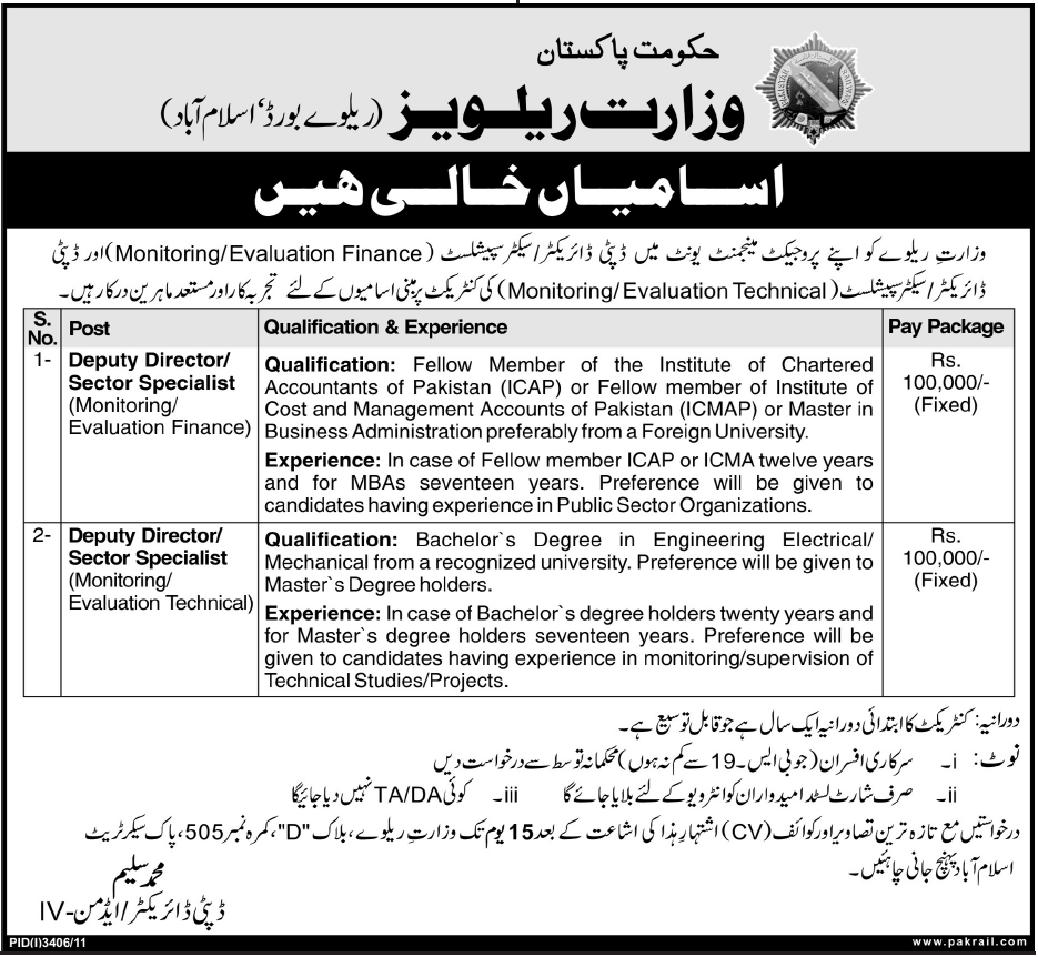 Ministry of Railways (Railway Board, Islamabad) Jobs Opportunity