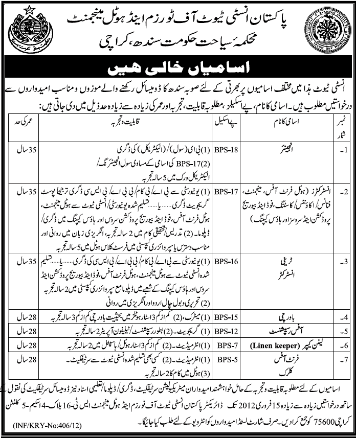 Pakistan Institute of Tourism & Hotel Management, Karachi Jobs Opportunity