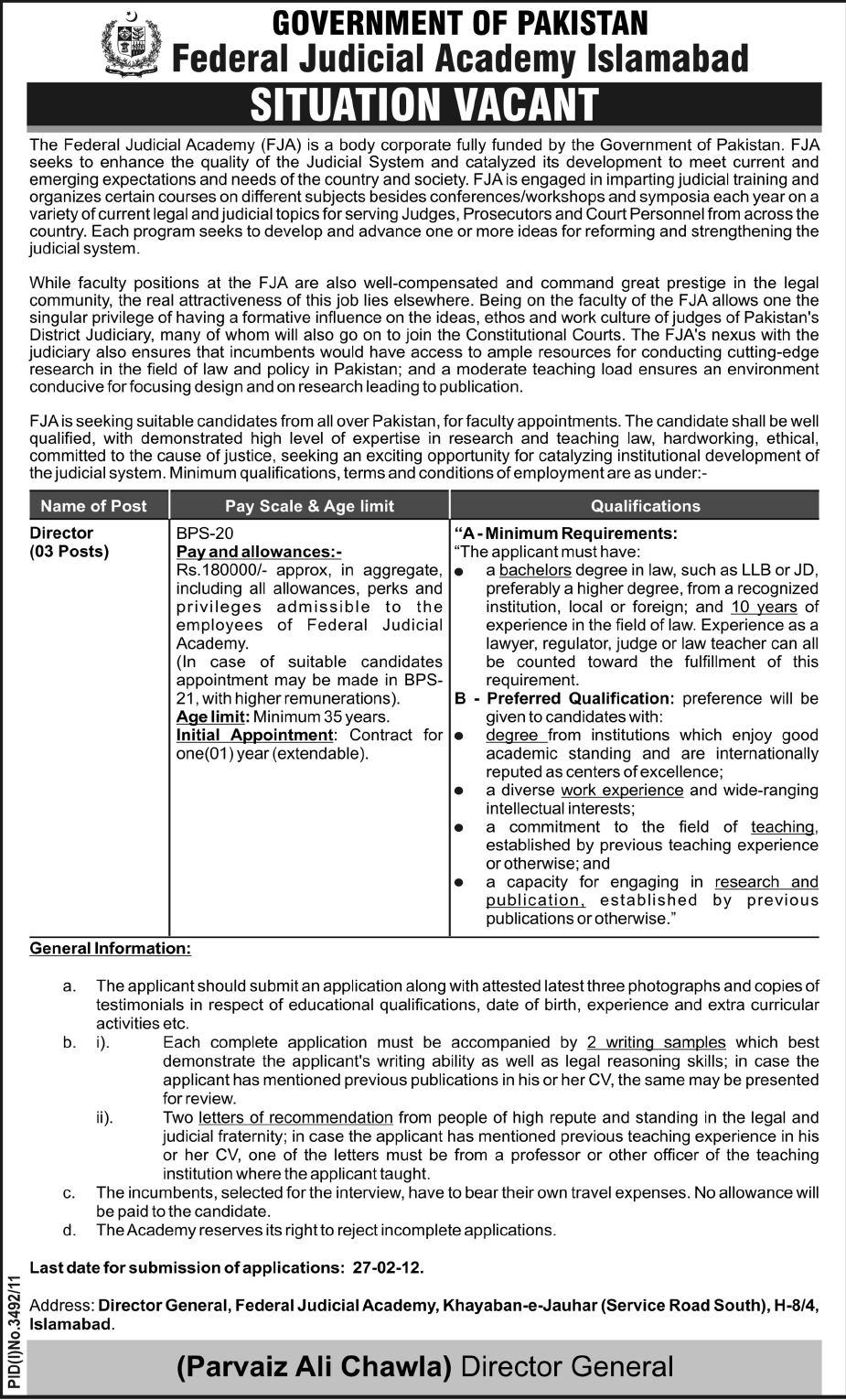 Federal Judicial Academy Islamabad, Government of Pakistan Jobs Opportunity