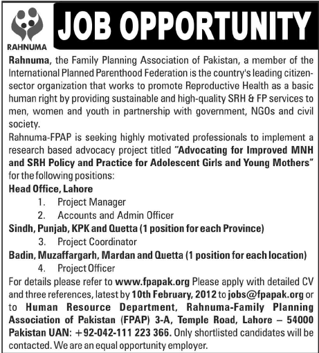 Rahnuma (Family Planning Association of Pakistan) Jobs Opportunity