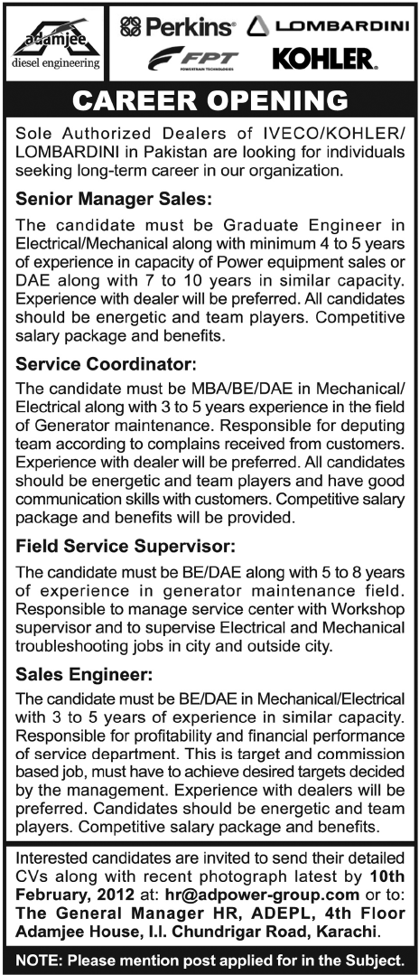 Adamjee Diesel Engineering Jobs Opportunity