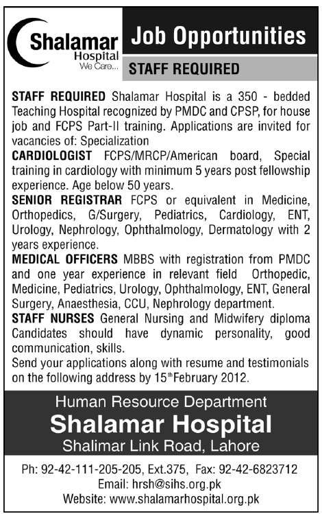 Shalamar Hospital Required Staff