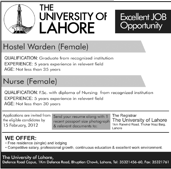 The University of Lahore Required Hostel Warden and Nurse