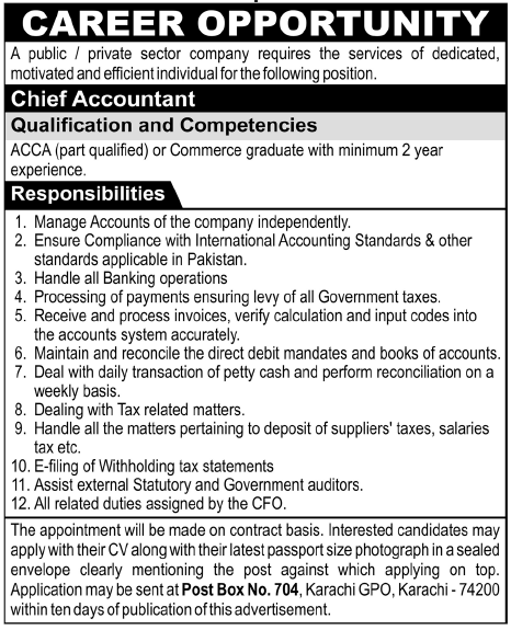 Chief Accountant Required in Karachi