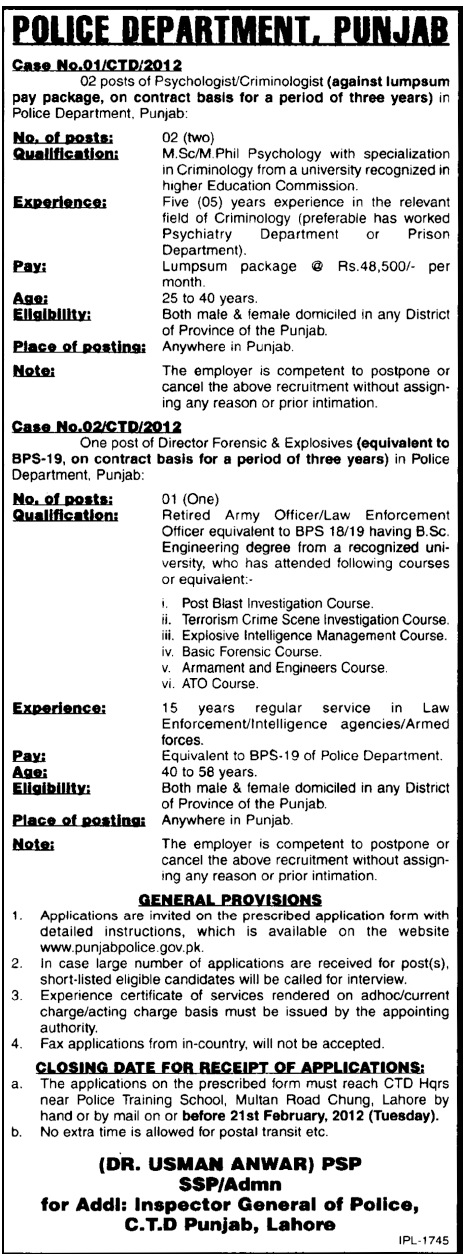 Police Department, Punjab Required the Services of Psychologist/Criminologist and Director Forensic & Explosives