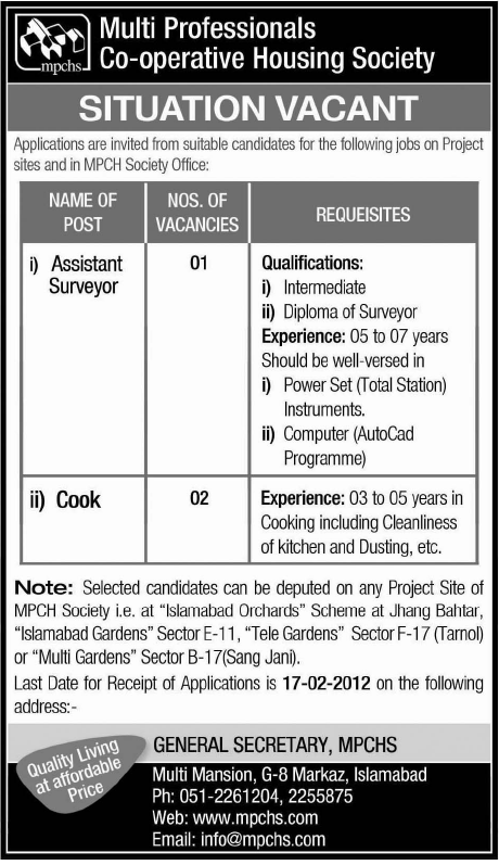 Multi Professionals Co-operative Housing Society, Jobs Opportunity