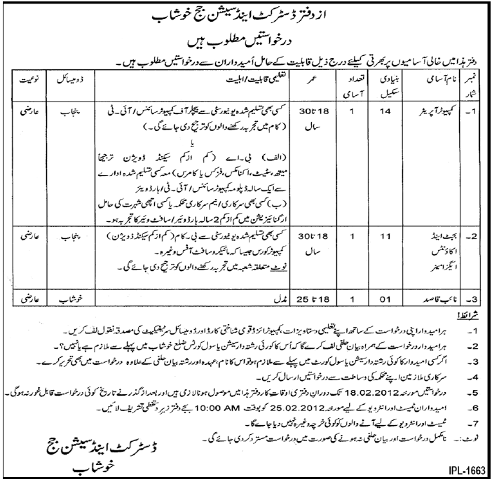 Office of District and Session Judge Khushab Jobs Opportunity