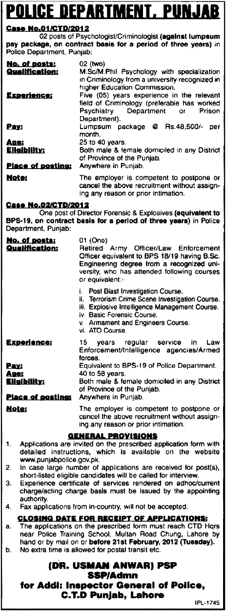 Police Department, Punjab Required the Services of Psychologist/Criminologist and Director Forensic & Explosives