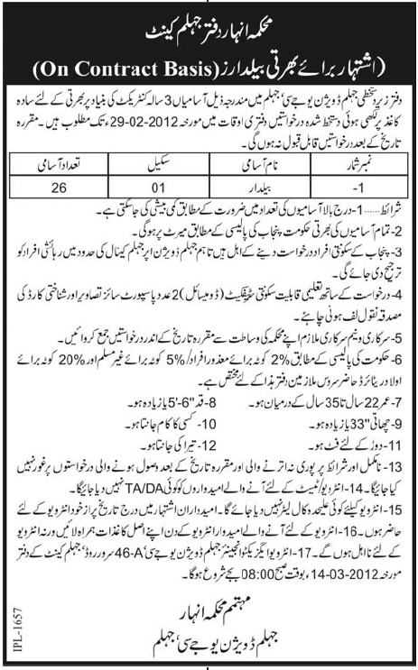 Baildar Required by Jhelum Division U.J.C, Jhelum