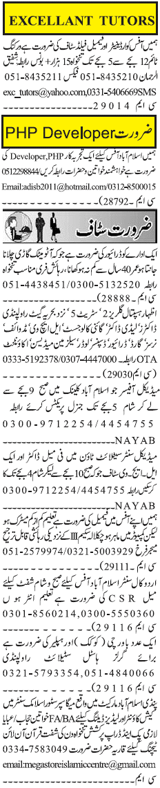 Misc. Jobs in Rawalpindi Jang Classified