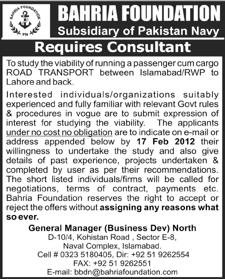 Bahria Foundation Required the Services of Consultant