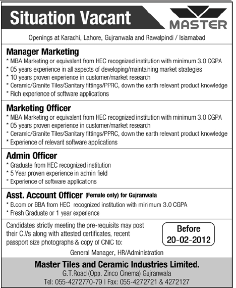 Master Tiles and Ceramic Industries Limited Required Staff