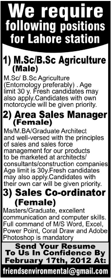 Staff Required by a Private Company in Lahore