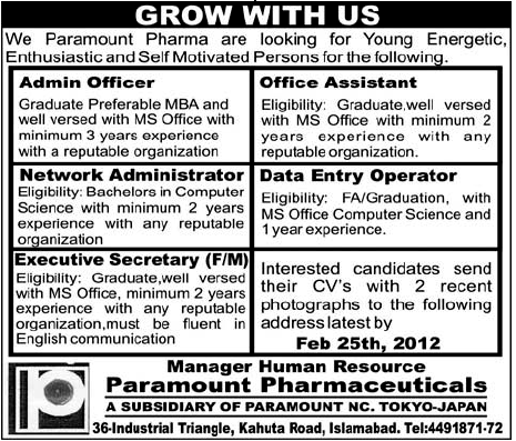 Paramount Pharma Islamabad Required Staff
