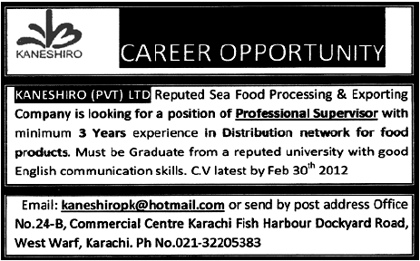 KANESHIRO Pvt Ltd Karachi Required Professional Supervisor