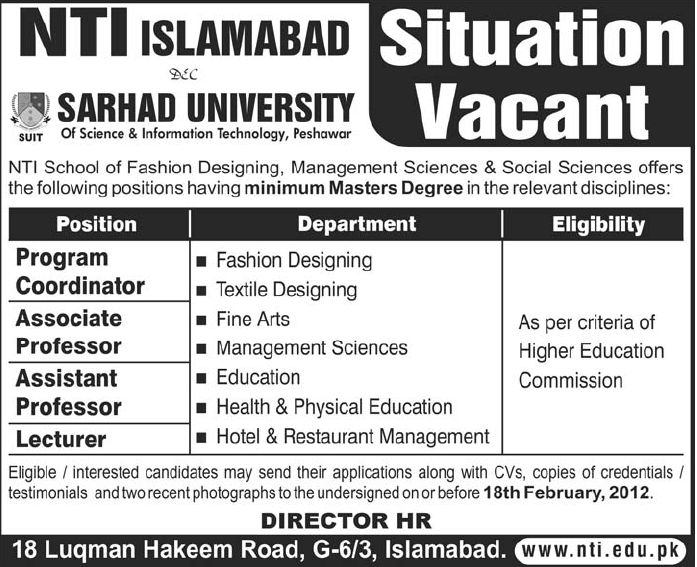 NTI Islamabad Required Staff