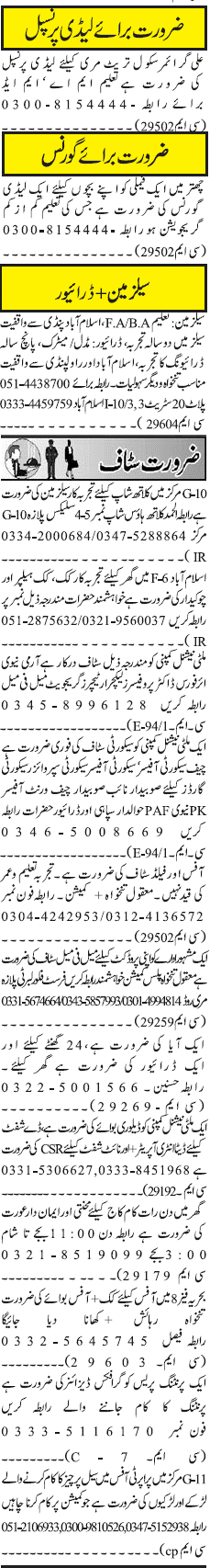 Misc. Jobs in Rawalpindi Jang Classified