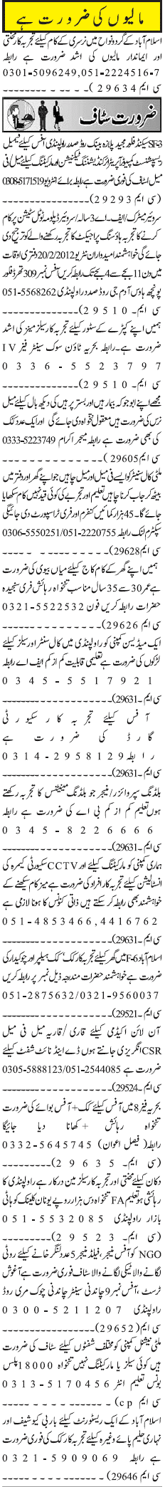 Misc. Jobs in Rawalpindi Jang Classified