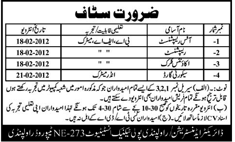 Rawalpindi Poly Technical Institute Required Staff