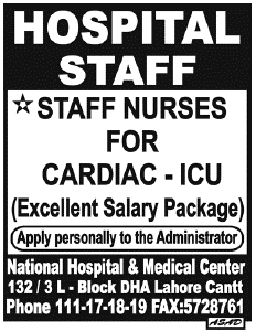 Hospital Staff Required by National Hospital & Medical Center Lahore
